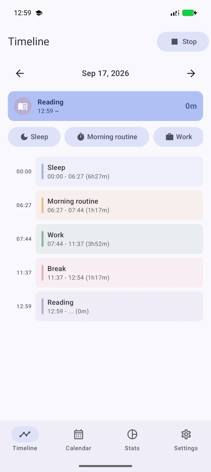 English timeline with Reading in progress and a day of sleep, morning routine, work and a break